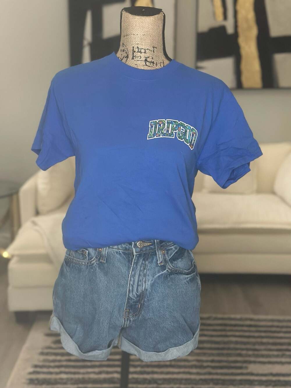 Drip God Blue Peacock Print Graphic Logo T-Shirt